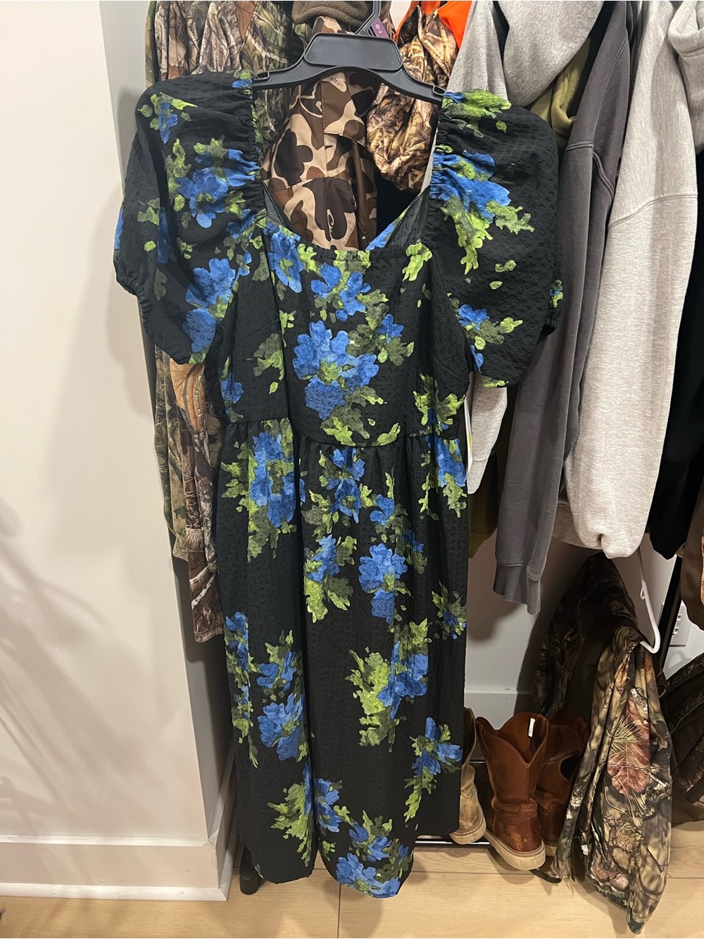 Black Floral Midi Dress XL with Blue & Green Print